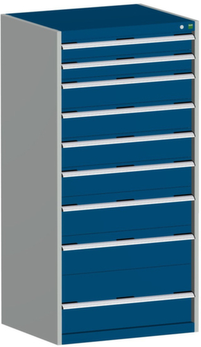 bott Armoire à tiroirs cubio surface de base 800x750 mm, 9 tiroir(s), RAL7035 gris clair/RAL5010 bleu gentiane