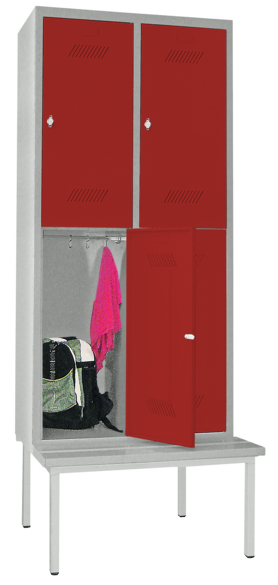 PAVOY Armoire vestiaire à deux niveaux Basis avec banc + 2x2 compartiments, largeur de compartiment 400 mm